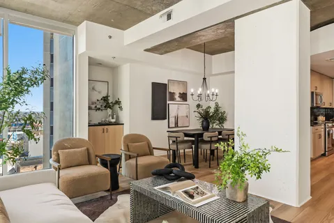 a living room with furniture potted plant and a window