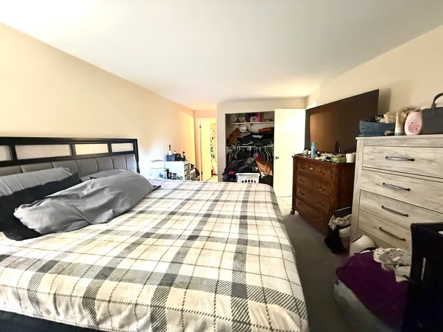 a bedroom with a bed and dresser