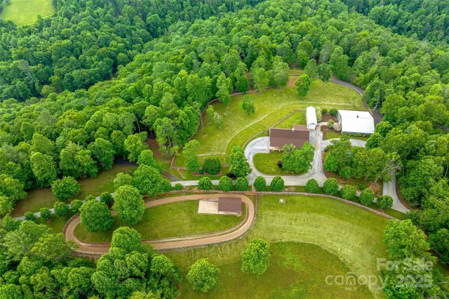 an aerial view of residential houses with outdoor space and trees
