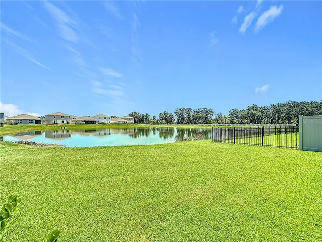 a view of a garden with a bench under an umbrella