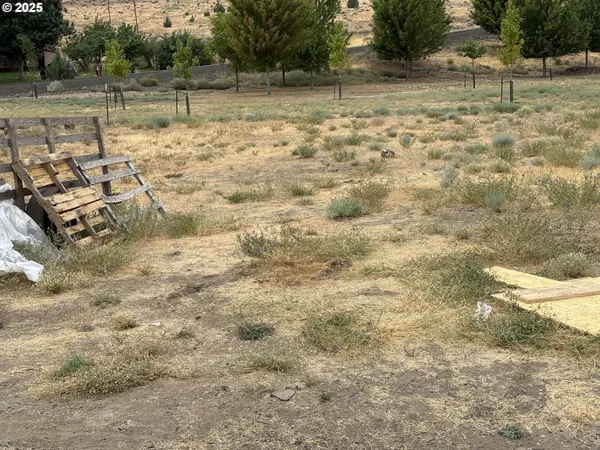 a view of a yard with wooden fence