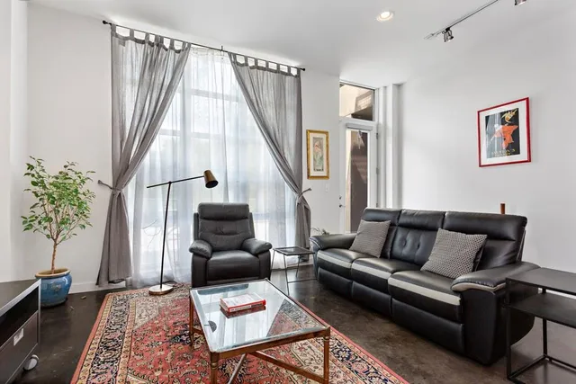 a living room with furniture and a potted plant