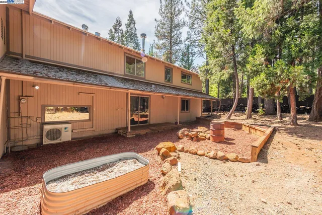 a backyard of a house with a tree