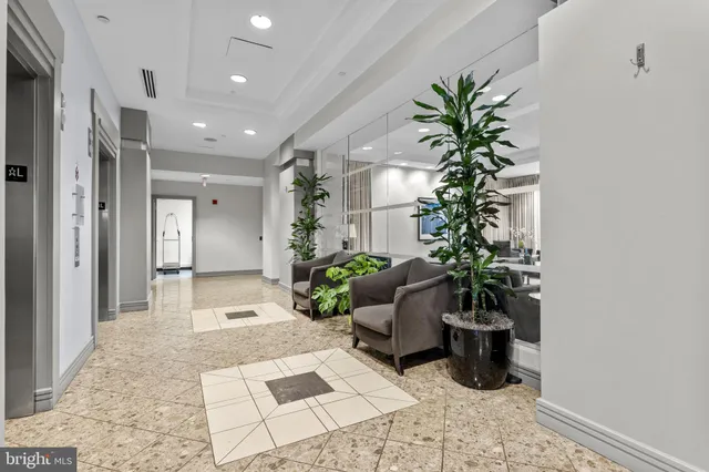 a view of a hallway with a potted plant