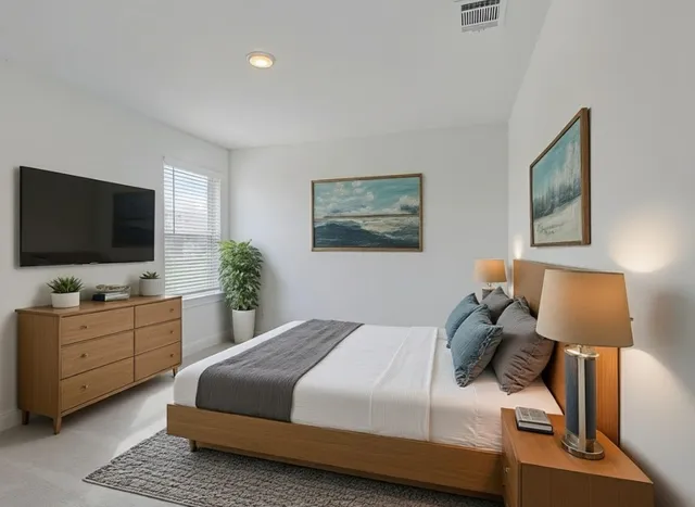 a bedroom with a bed and a flat screen tv