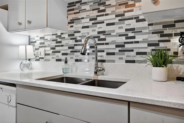 a kitchen with a sink and a potted plant