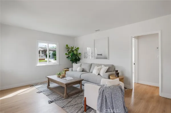 a living room with furniture and a potted plant