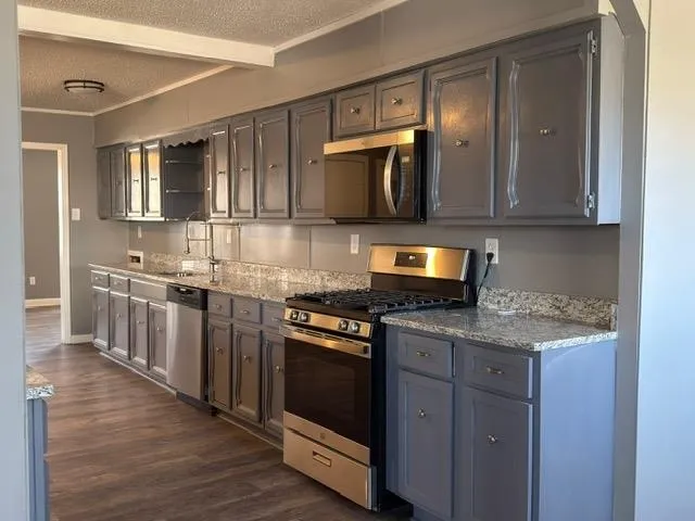 a kitchen with stainless steel appliances granite countertop a stove a sink and a microwave