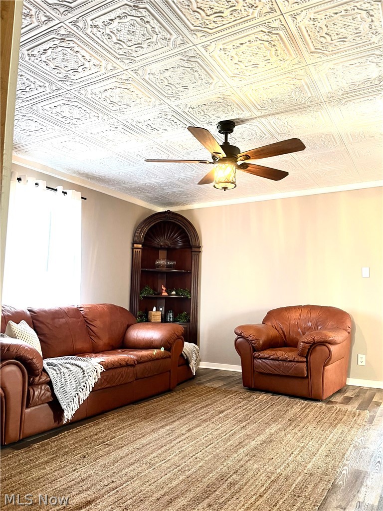 12972 Gilmore Road Southeast Port Washington, OH 43837 - Photo 8 of 50 Living room featuring wood finished floors, ceiling fan, an ornate ceiling, and ornamental molding