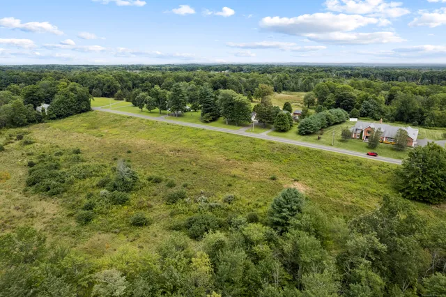 a view of a green field with lots of trees in it