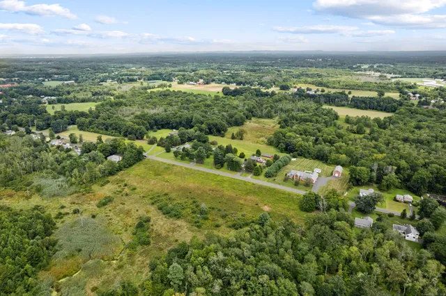 an aerial view of residential houses with outdoor space and trees