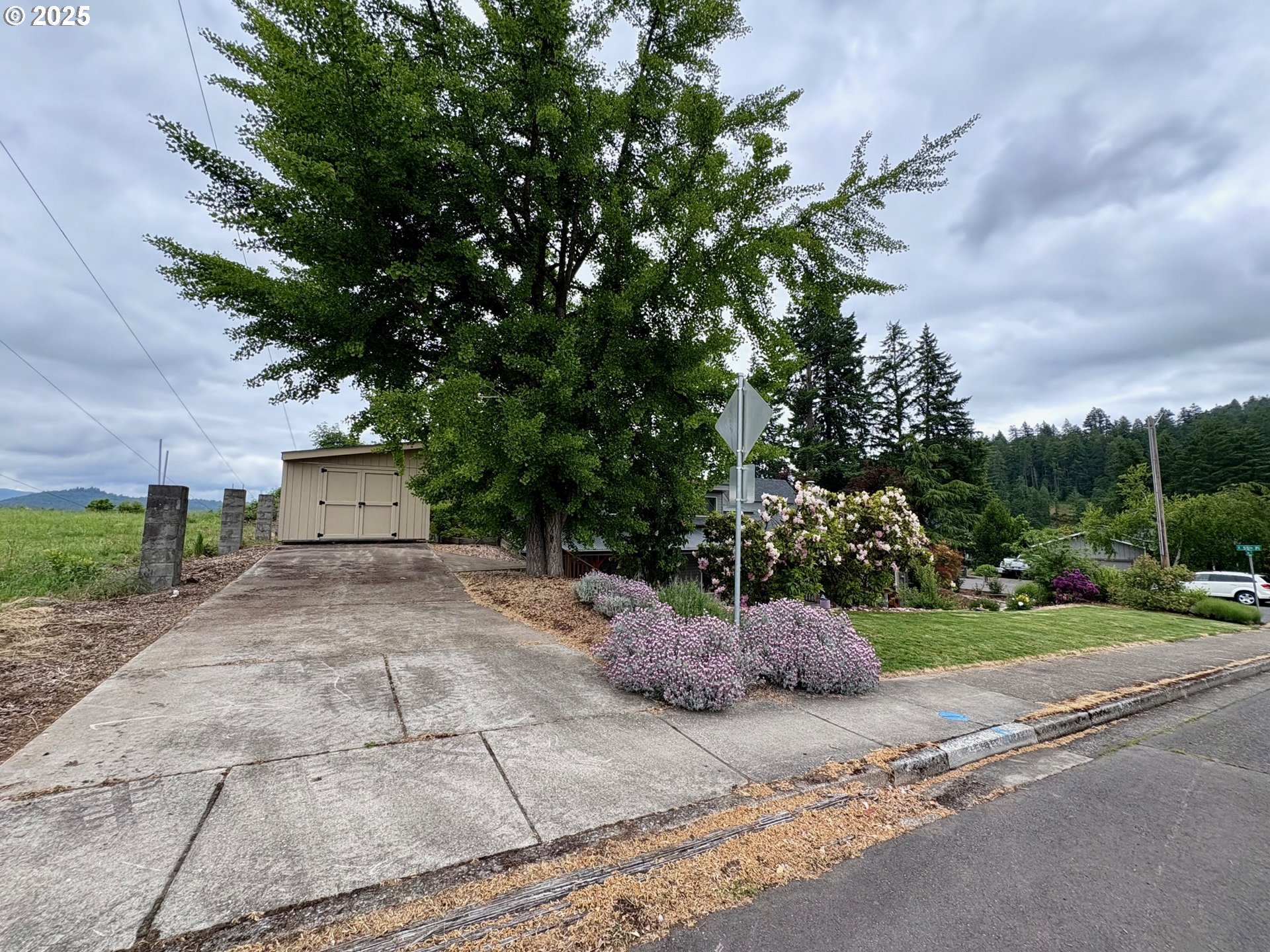 892 South 55th Place Springfield, OR 97478 - Photo 32 of 35 a backyard of a house with fountain table and chairs plants and large trees