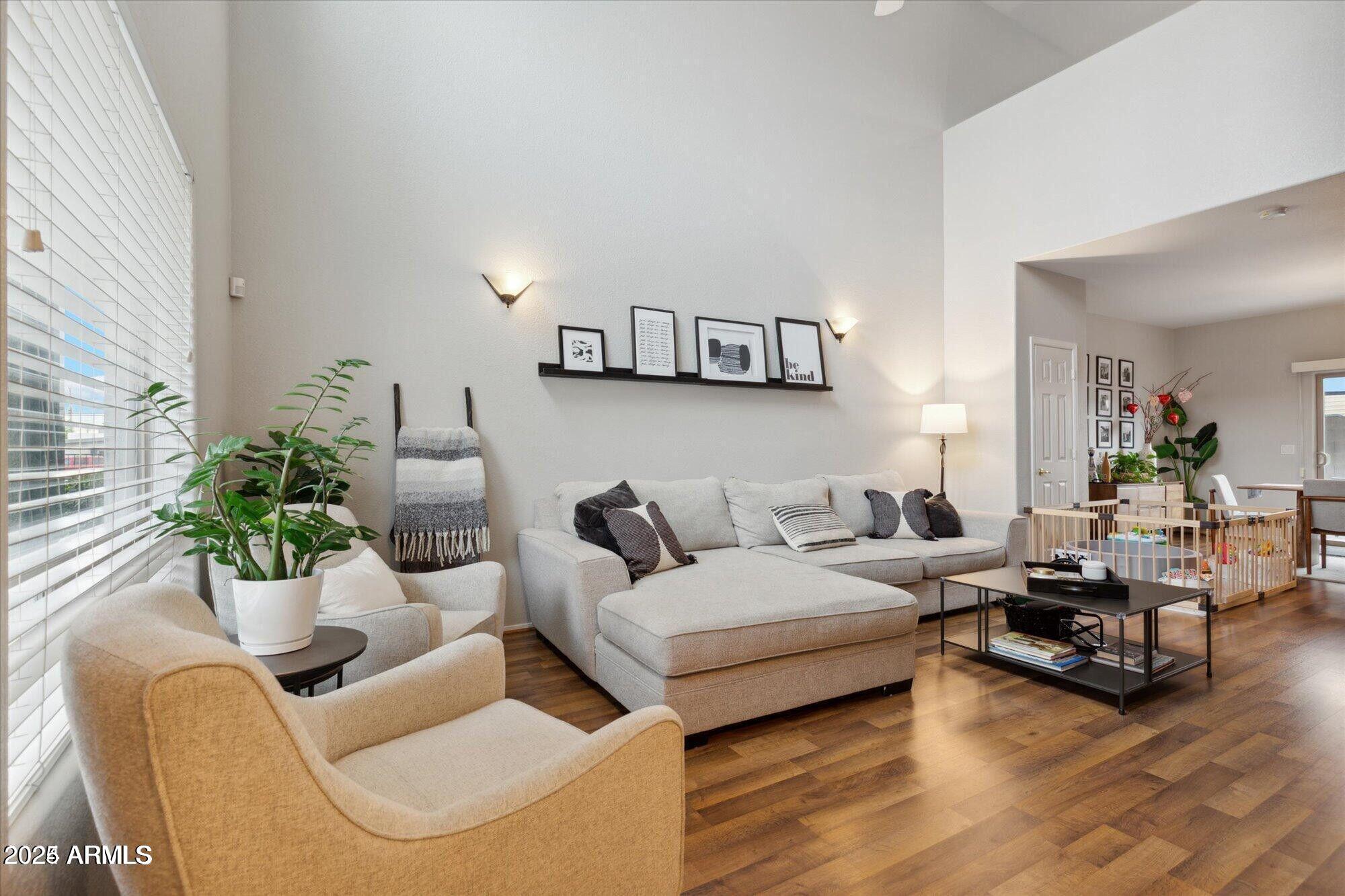 a living room with furniture and a potted plant