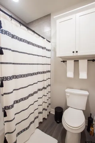 a white toilet sitting next to a shower curtain