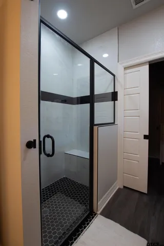 a bathroom with a shower and a sink