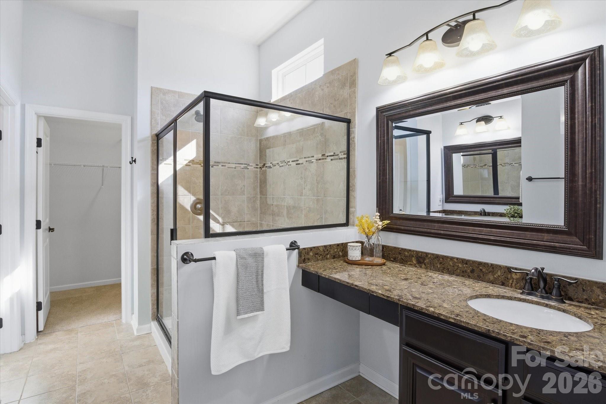 5009 St Clair Street Fort Mill, SC 29715 - Photo 25 of 40 a bathroom with a granite countertop sink and a mirror