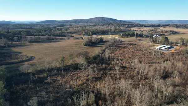a view of a lush green field with mountains in the background