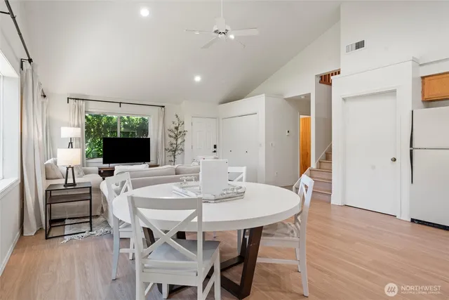 a view of a dining room with furniture