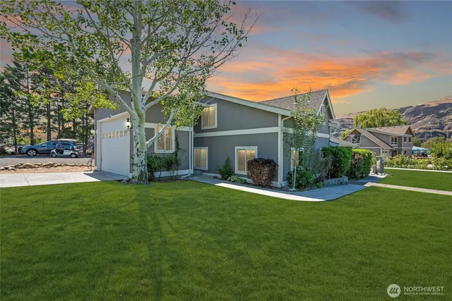 a view of a house with a backyard and a tree