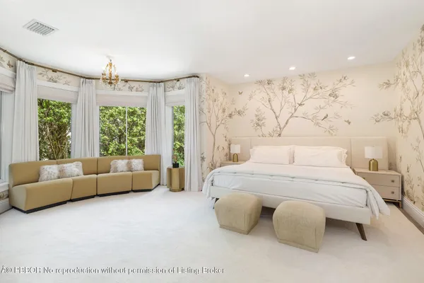 a spacious bedroom with a bed and a large window