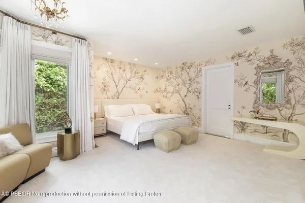 a spacious bedroom with a bed and a couch