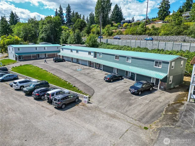 an outdoor space with furniture