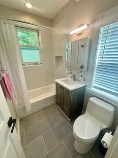 a bathroom with a sink toilet and shower