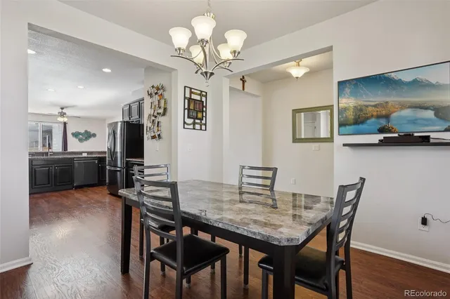 a view of a dining room with furniture and wooden floor