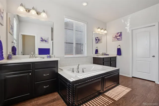 a bathroom with a sink vanity and a mirror