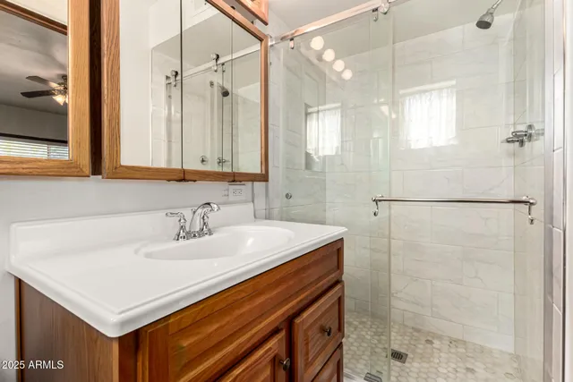 a bathroom with a sink a mirror and a shower