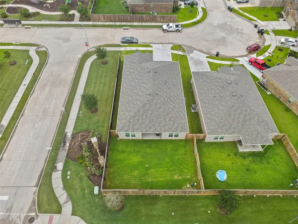 an aerial view of a swimming pool