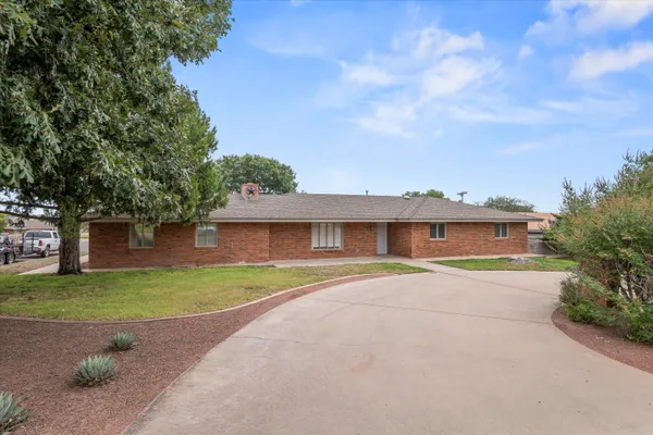 a view of a house with a yard and large tree