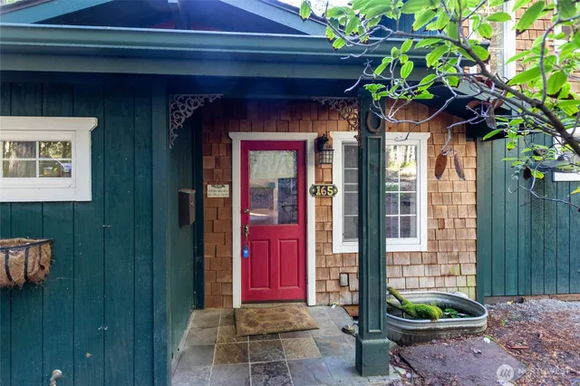 a potted plant is sitting in front of a door
