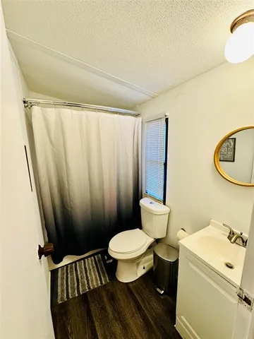 a bathroom with a sink a toilet a mirror and shower curtain