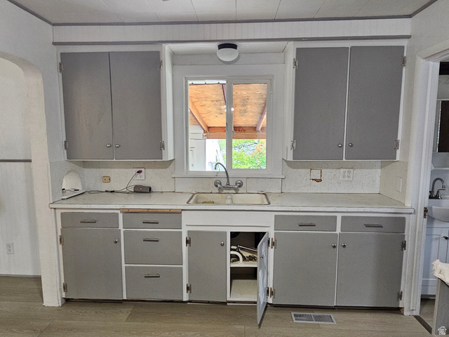 744 Royal Street Helper, UT 84526 - Photo 10 of 33 Kitchen with gray cabinets, light countertops, and light wood finished floors