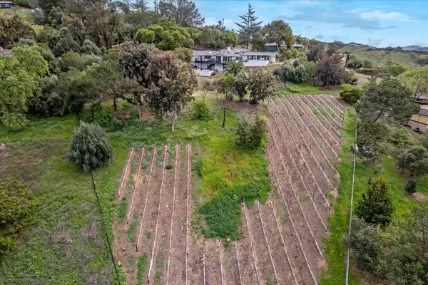 an aerial view of a house with garden space and street view