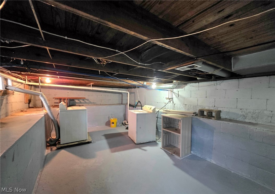 2335 West River Road Newton Falls, OH 44444 - Photo 28 of 36 Basement utility area featuring exposed wood ceiling joists and a painted concrete floor