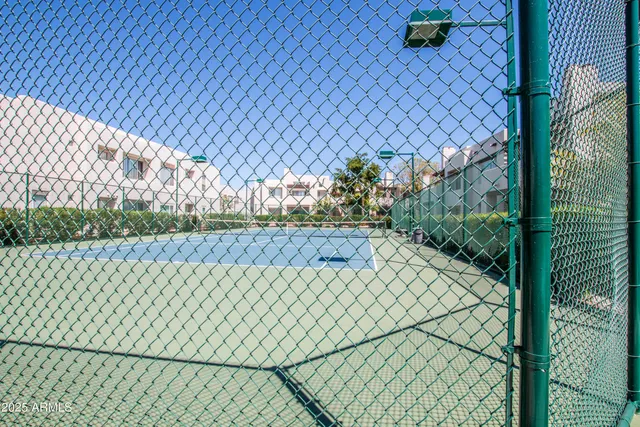 a view of a patio with dining table and chairs with plants and palm trees