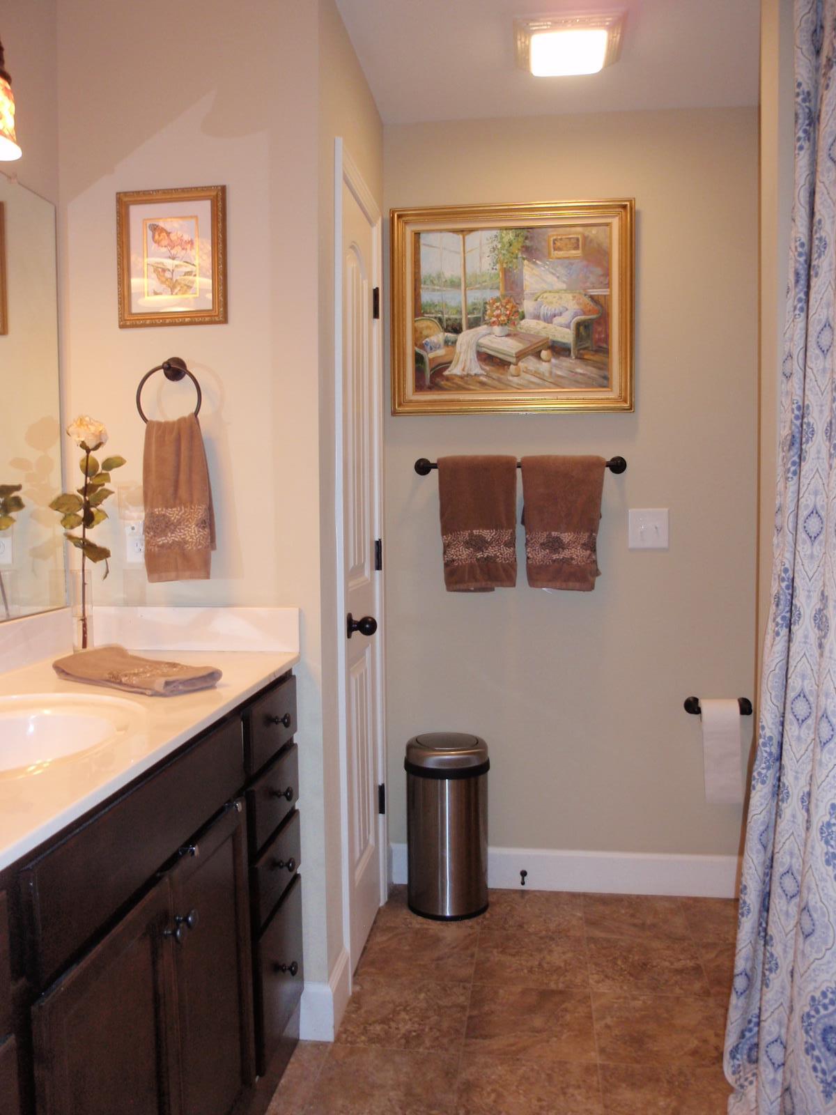 206 Black Road Dickson, TN 37055 - Photo 21 of 22 a bathroom with a granite countertop sink a mirror and a picture on the wall