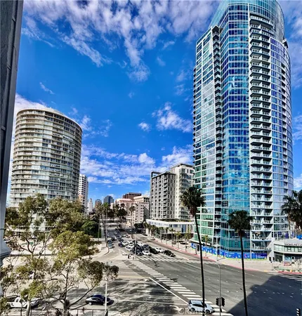 a city view with tall buildings