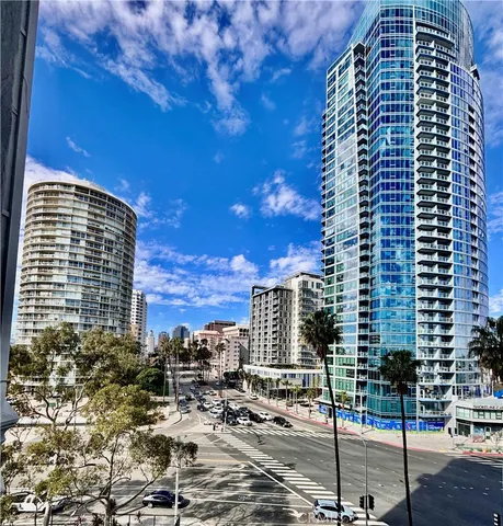 a city view with tall buildings