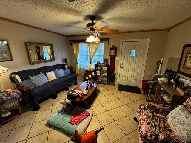 a living room with furniture a chandelier and a rug
