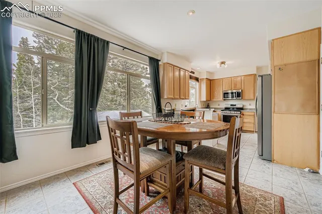 a view of a dining room with furniture window and outside view