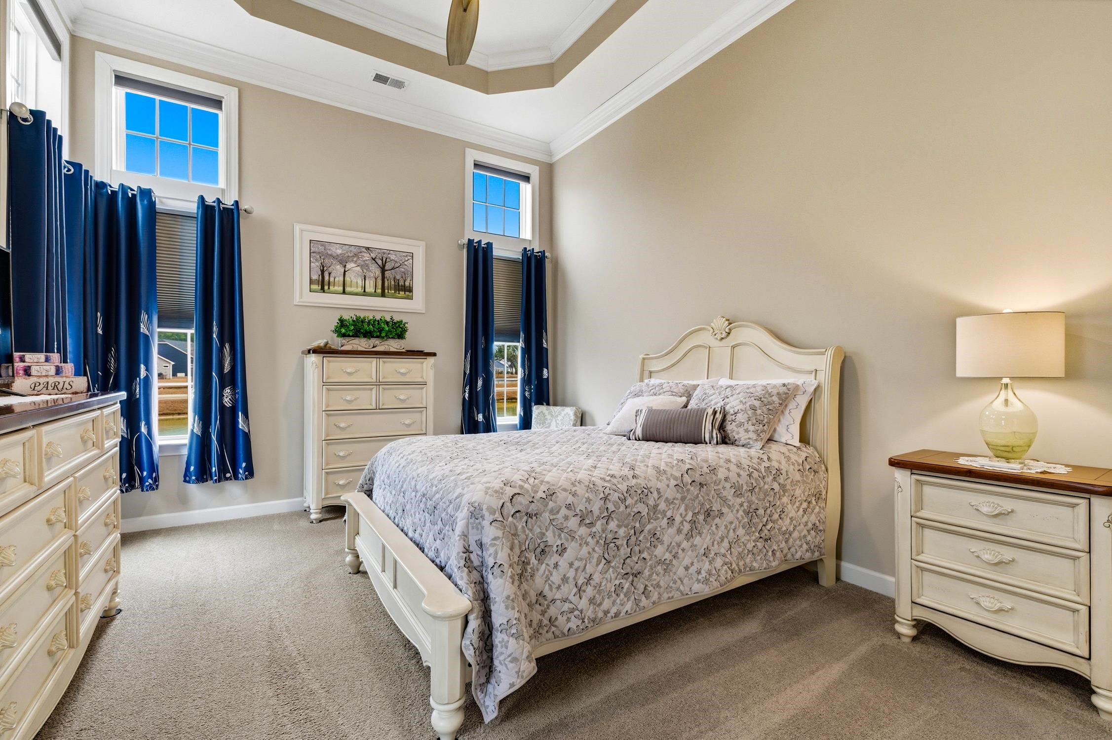 236 Bluestem Loop Little River, SC 29566 - Photo 16 of 40 Bedroom featuring light colored carpet, ornamental molding, and a tray ceiling