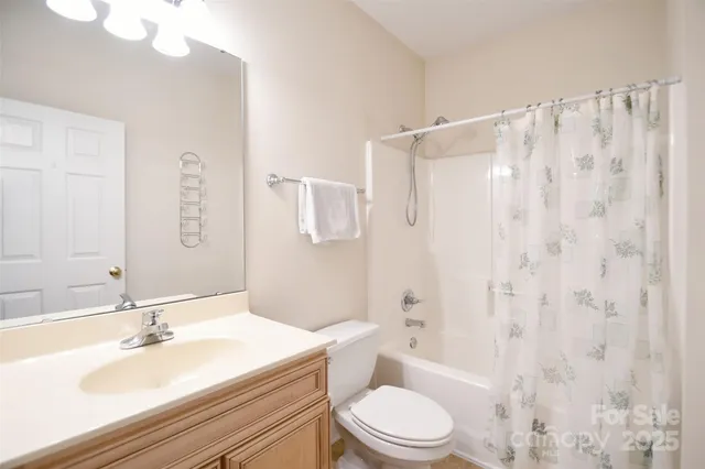 a bathroom with a sink a toilet a mirror a vanity and shower