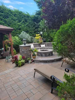 an outdoor space with seating