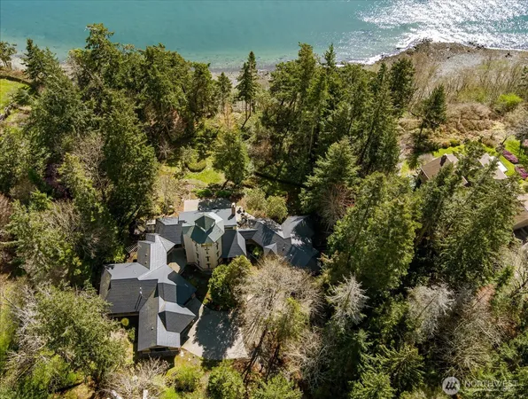 an aerial view of a house with a yard and lake view