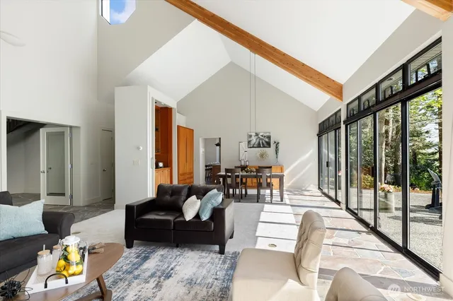 a living room with furniture and a floor to ceiling window