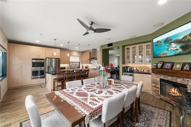 a view of a dining room with furniture