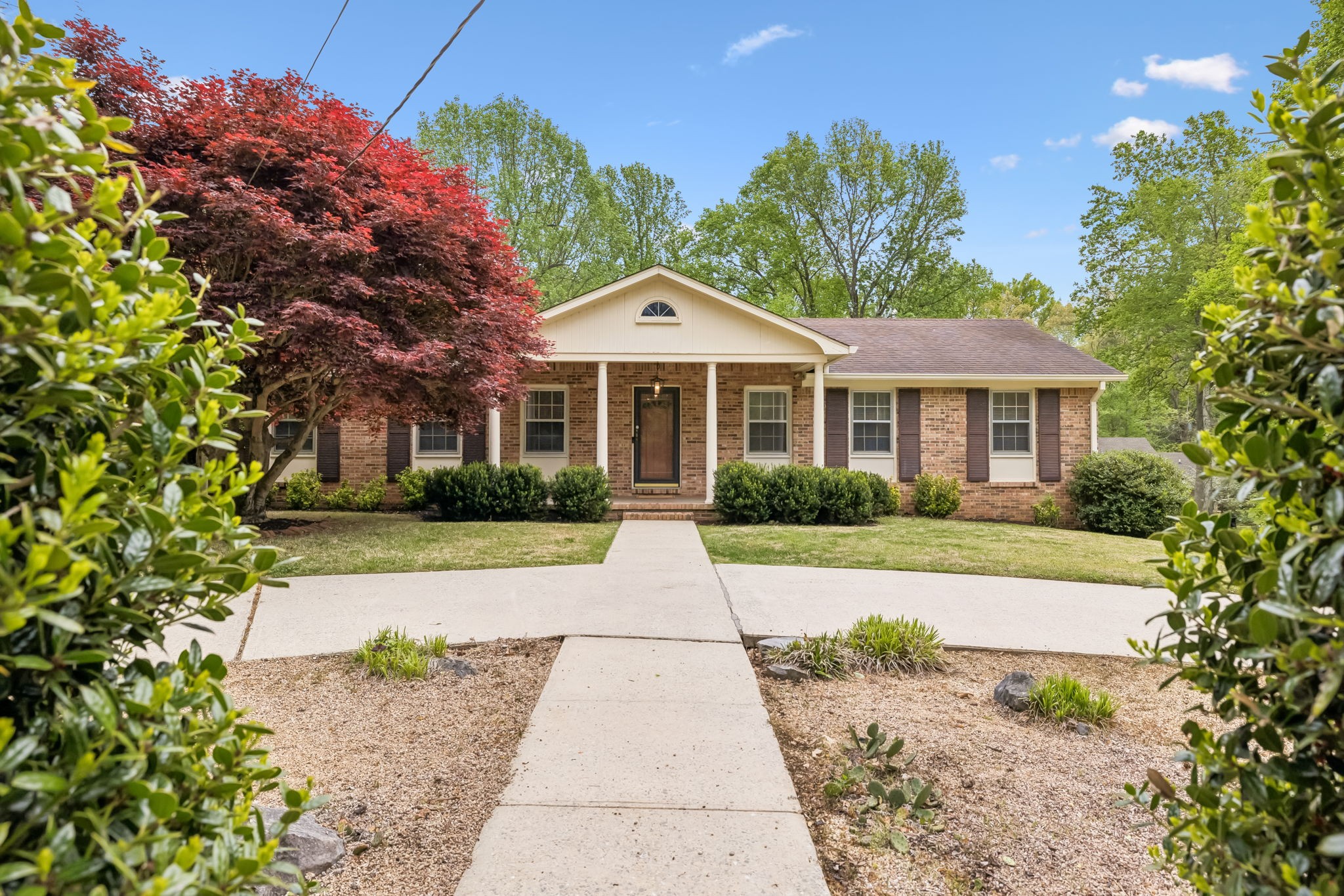 a front view of a house with a yard and trees